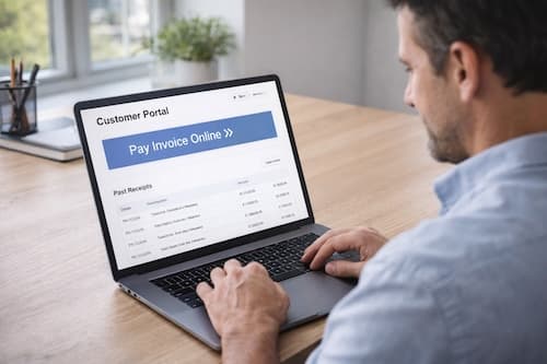 A customer using a modern portal on a laptop to pay an invoice online