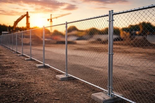 Temporary fence panels deployed on a construction site at sunset