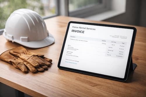 Digital invoice on a tablet next to a construction hard hat and gloves