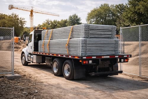 Flatbed truck loaded with temporary fence panels ready for delivery
