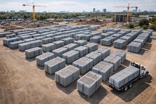 A large industrial storage yard with neatly organized stacks of silver temporary fence panels